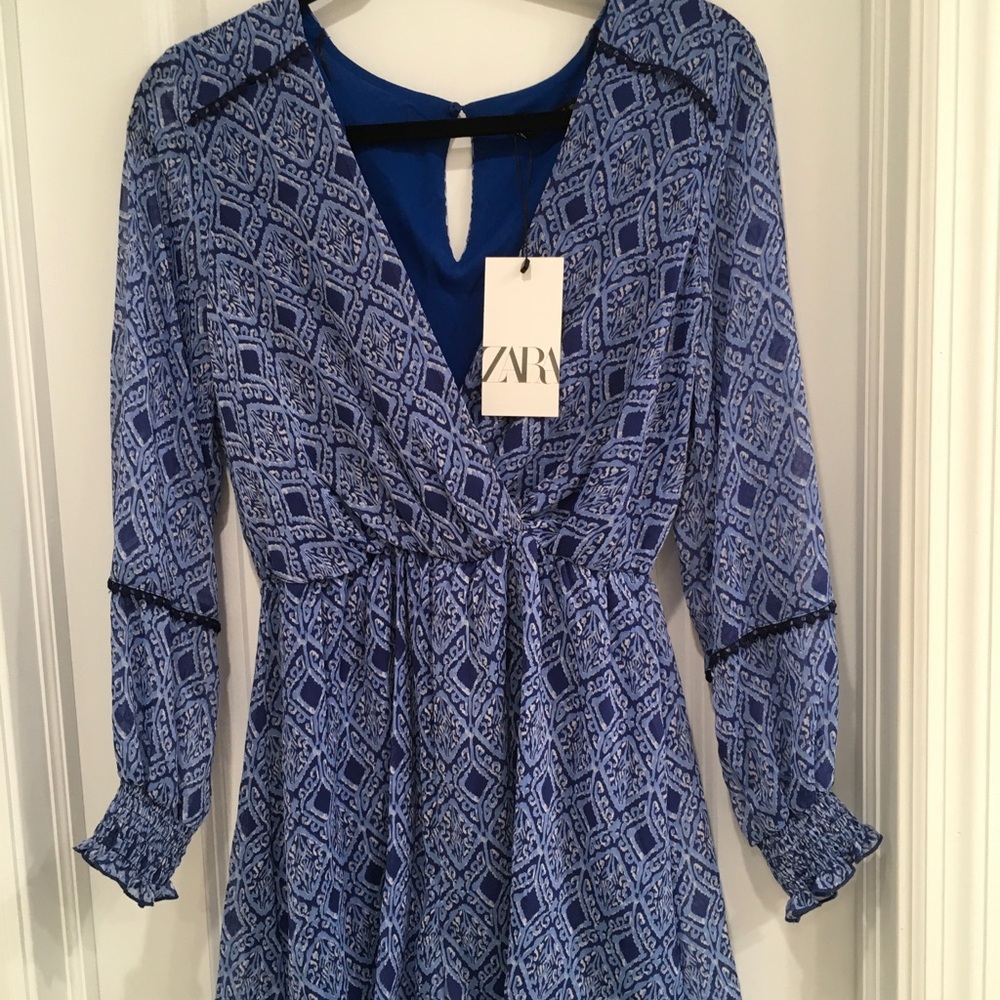 Zara Long Sleeve Blue Geometric Dress